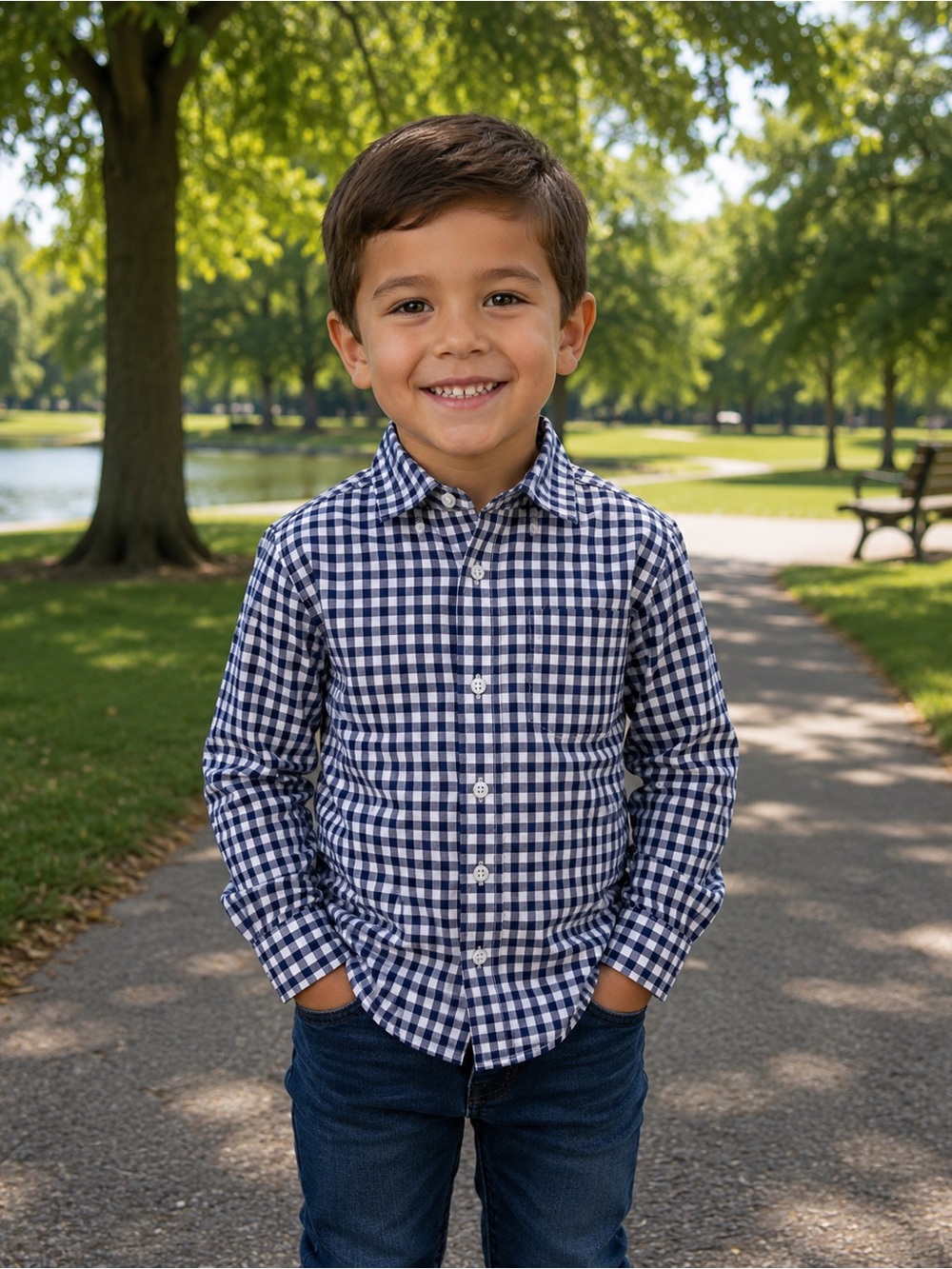 Crewcuts Navy and White Gingham Bottom Down Shirt Boys 4-5 NWT